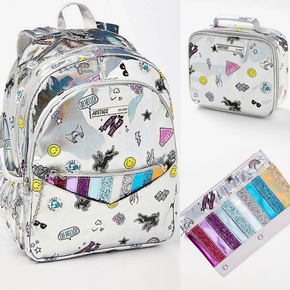 Justice backpack, lunchbox, and pencil case bundle